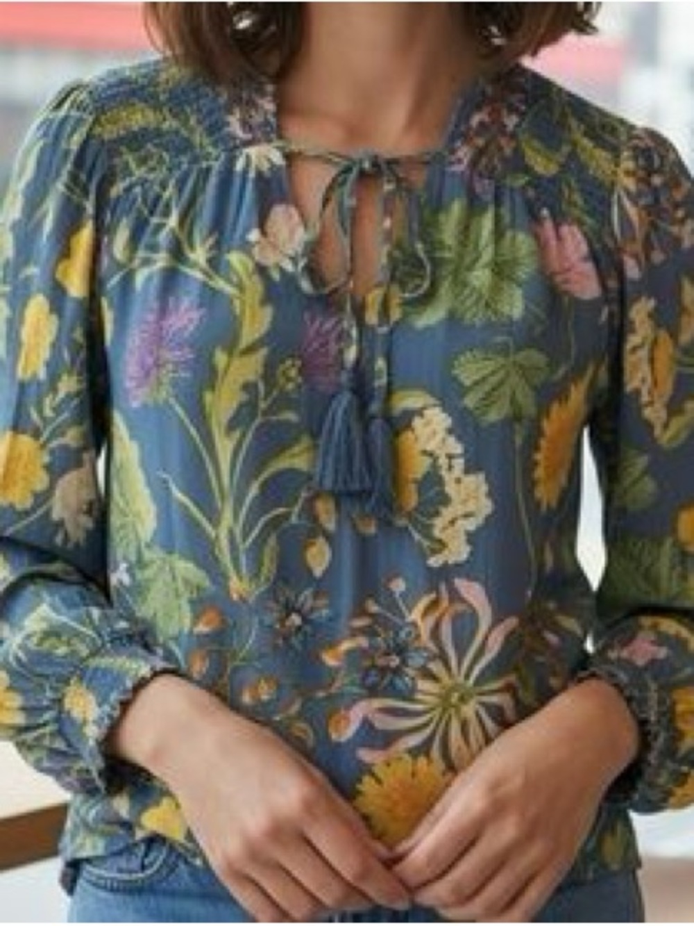 Rachel Roy Floral Smocked Peasant Blouse Boho Tassel Size L tropical Cottagecore